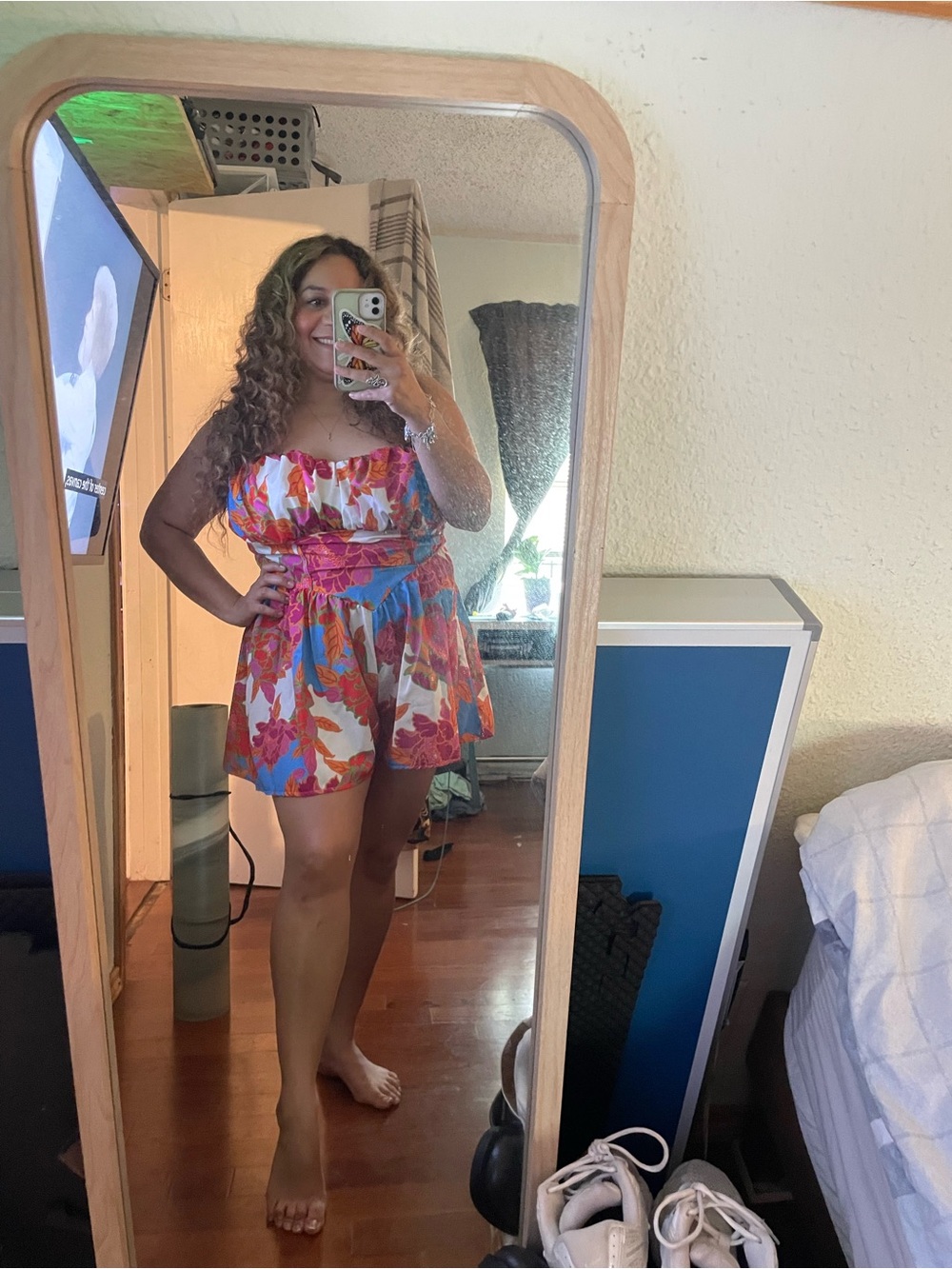 SHEIN Pink Blue Orange Floral Strapless Romper